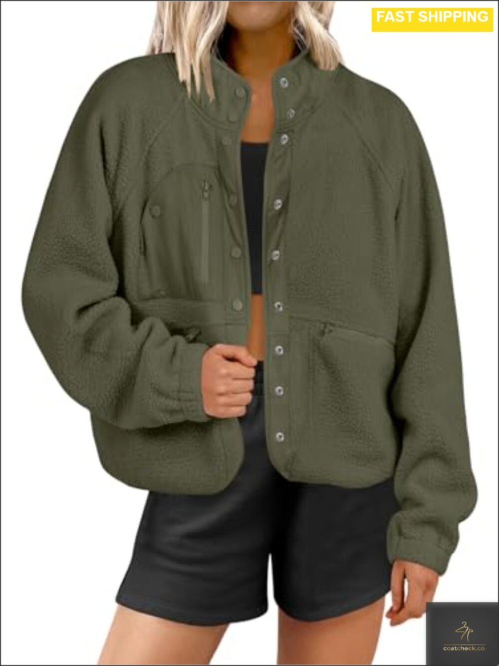Fuzzy Fleece Button Down Cropped Sherpa Coat
